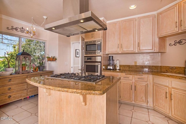 kitchen featuring exhaust hood, light brown cabinets, a center island, stainless steel appliances, and light tile patterned floors