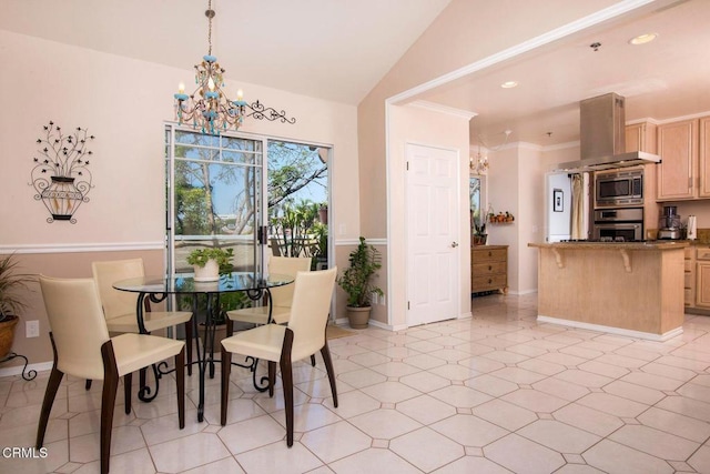 dining space featuring a high ceiling, a notable chandelier, recessed lighting, baseboards, and light floors
