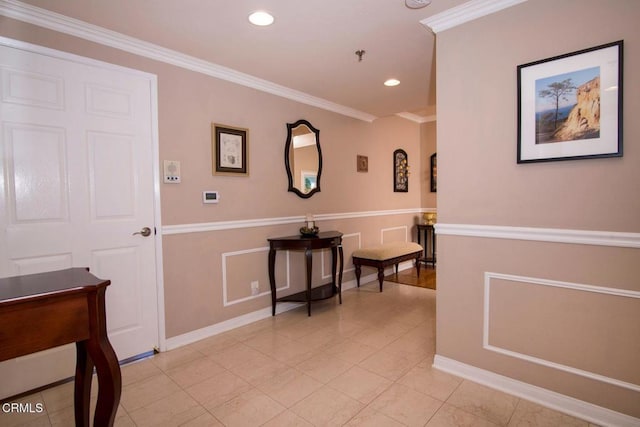 corridor with baseboards, ornamental molding, light tile patterned floors, and recessed lighting