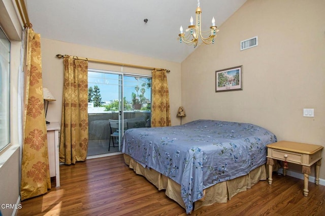 bedroom with visible vents, wood finished floors, access to outside, a chandelier, and vaulted ceiling