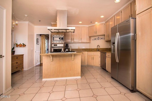 kitchen with ornamental molding, a kitchen island, recessed lighting, island exhaust hood, and appliances with stainless steel finishes