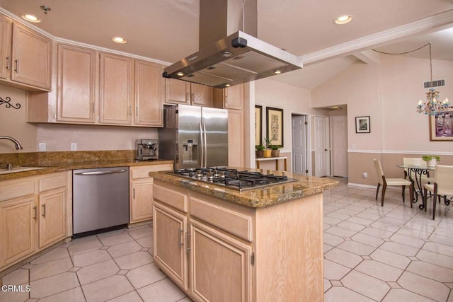 kitchen with visible vents, island range hood, a sink, light brown cabinets, and stainless steel appliances