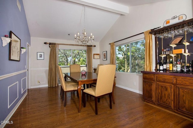 dining room featuring an inviting chandelier, lofted ceiling with beams, baseboards, and dark wood-style floors