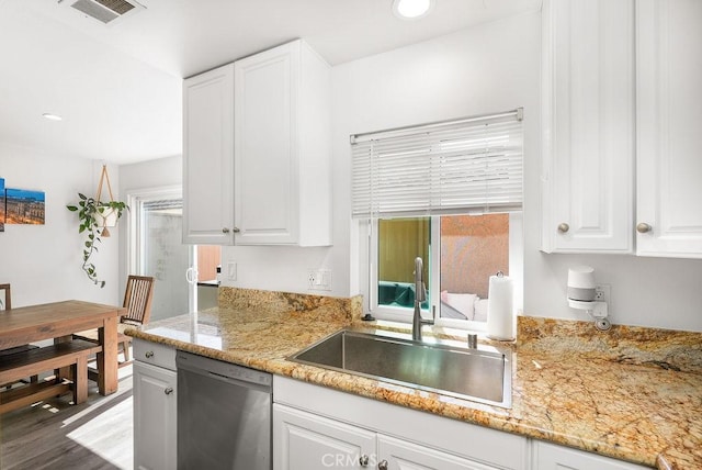 30 Starfish Ct Unit 14, Newport Beach, CA 92663 - kitchen with a sink, wood finished floors, visible vents, dishwasher, and white cabinetry
