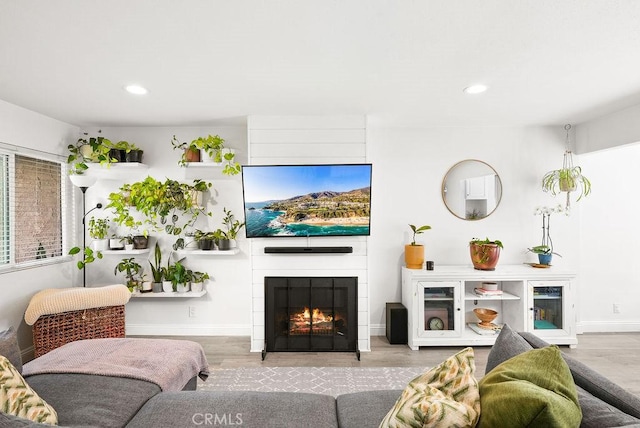 living room featuring recessed lighting, baseboards, wood finished floors, and a fireplace