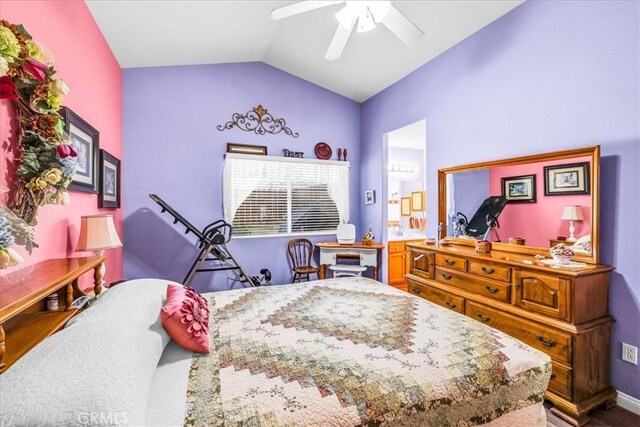 bedroom with baseboards, a ceiling fan, and lofted ceiling