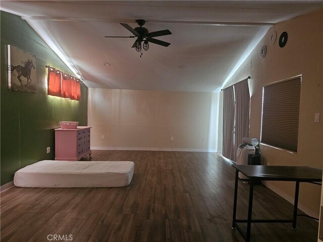 31940 Zircon Rd, Lucerne Valley, CA 92356 - bonus room with a ceiling fan, baseboards, vaulted ceiling with beams, and wood finished floors