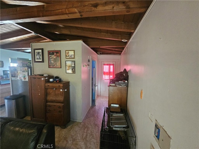 31940 Zircon Rd, Lucerne Valley, CA 92356 - corridor with lofted ceiling with beams