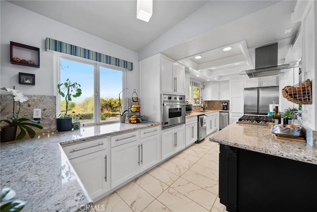 2450 Cameron Ave, Covina, CA 91724 - kitchen featuring appliances with stainless steel finishes, light stone counters, white cabinetry, and marble finish floor