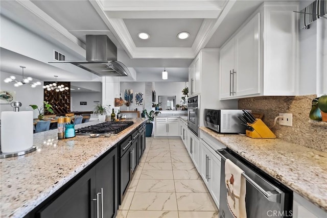 2450 Cameron Ave, Covina, CA 91724 - kitchen with marble finish floor, wall chimney exhaust hood, white cabinets, light stone counters, and appliances with stainless steel finishes