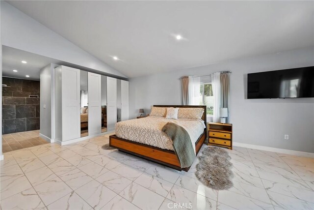 2450 Cameron Ave, Covina, CA 91724 - bedroom with baseboards, lofted ceiling, recessed lighting, and marble finish floor