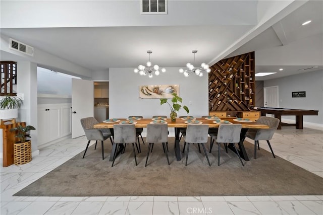 2450 Cameron Ave, Covina, CA 91724 - dining room featuring an inviting chandelier, visible vents, recessed lighting, and marble finish floor