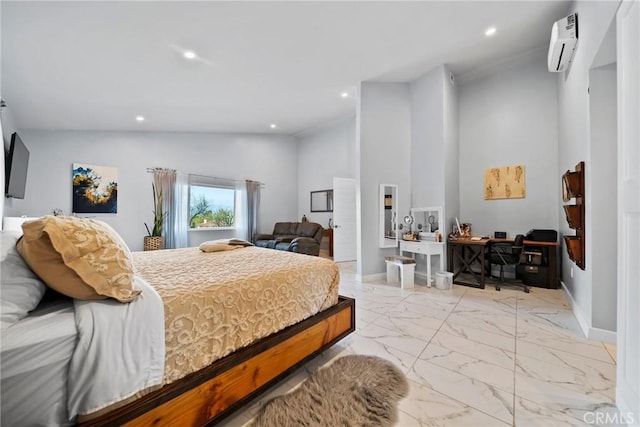 2450 Cameron Ave, Covina, CA 91724 - bedroom featuring marble finish floor, baseboards, recessed lighting, a wall mounted AC, and vaulted ceiling