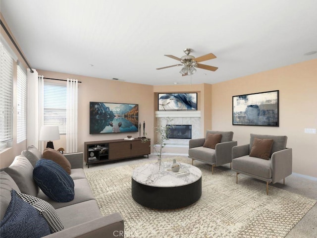 19131 Camassia Ct, Riverside, CA 92508 - carpeted living area with ceiling fan, a fireplace, and baseboards