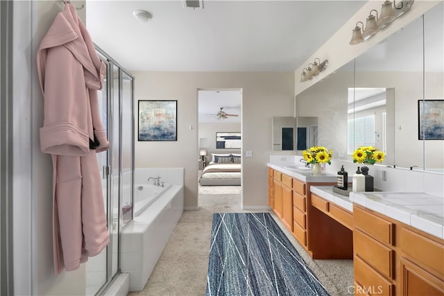 19131 Camassia Ct, Riverside, CA 92508 - ensuite bathroom with a garden tub, vanity, a shower stall, and a ceiling fan