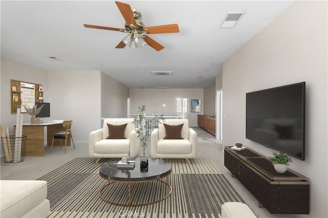 19131 Camassia Ct, Riverside, CA 92508 - living area featuring carpet floors, a ceiling fan, and baseboards