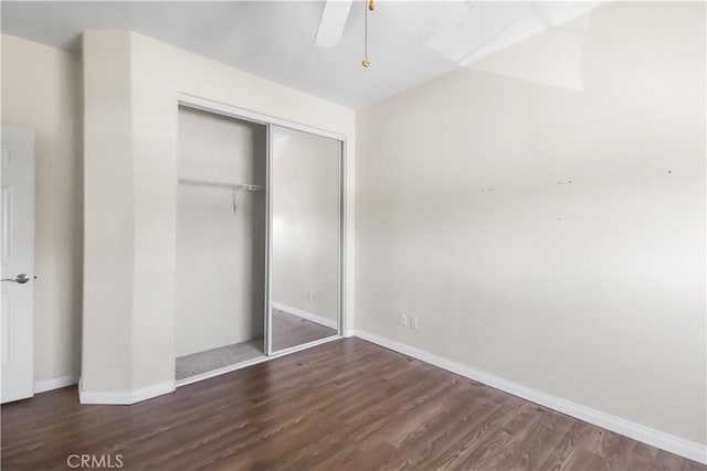 19131 Camassia Ct, Riverside, CA 92508 - unfurnished bedroom featuring wood finished floors, a closet, baseboards, and ceiling fan