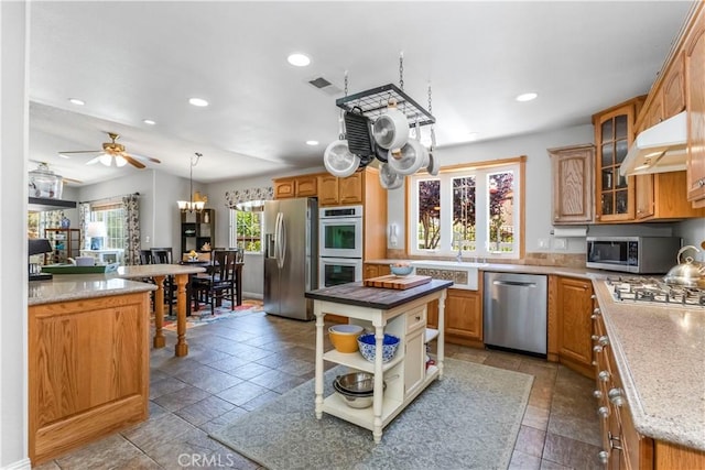 33660 White Feather Rd, Acton, CA 93510 - kitchen with stainless steel appliances, under cabinet range hood, a sink, glass insert cabinets, and a ceiling fan