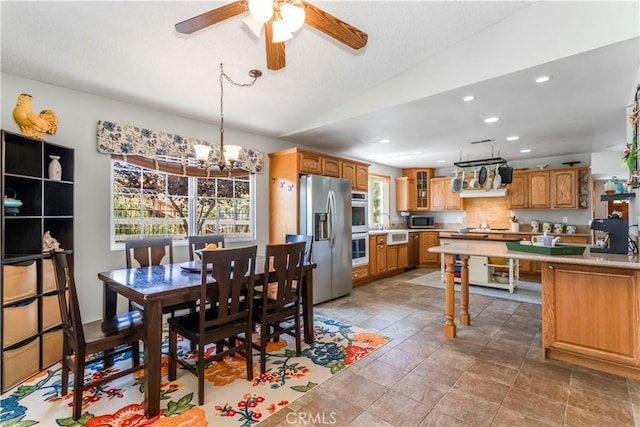 33660 White Feather Rd, Acton, CA 93510 - dining area featuring a chandelier, recessed lighting, ceiling fan, lofted ceiling, and light tile patterned flooring