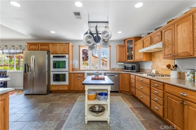 33660 White Feather Rd, Acton, CA 93510 - kitchen with stainless steel appliances, under cabinet range hood, open shelves, recessed lighting, and glass insert cabinets