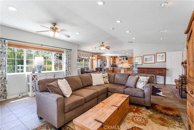 33660 White Feather Rd, Acton, CA 93510 - living room featuring a ceiling fan, a textured ceiling, vaulted ceiling, recessed lighting, and baseboards