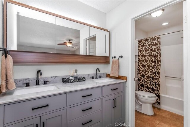33660 White Feather Rd, Acton, CA 93510 - bathroom with toilet, tile patterned flooring, double vanity, ceiling fan, and shower / bathtub combination with curtain