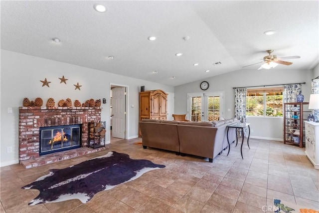 33660 White Feather Rd, Acton, CA 93510 - living area with a ceiling fan, vaulted ceiling, a fireplace, recessed lighting, and baseboards