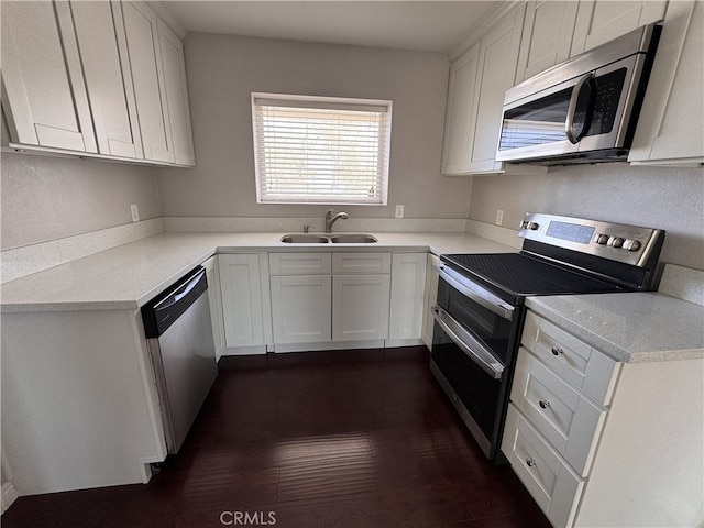 kitchen featuring dark wood-style flooring, a sink, light countertops, stainless steel appliances, and white cabinetry