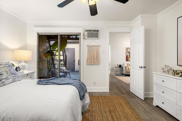 bedroom with an AC wall unit, dark wood-style floors, access to exterior, and ornamental molding
