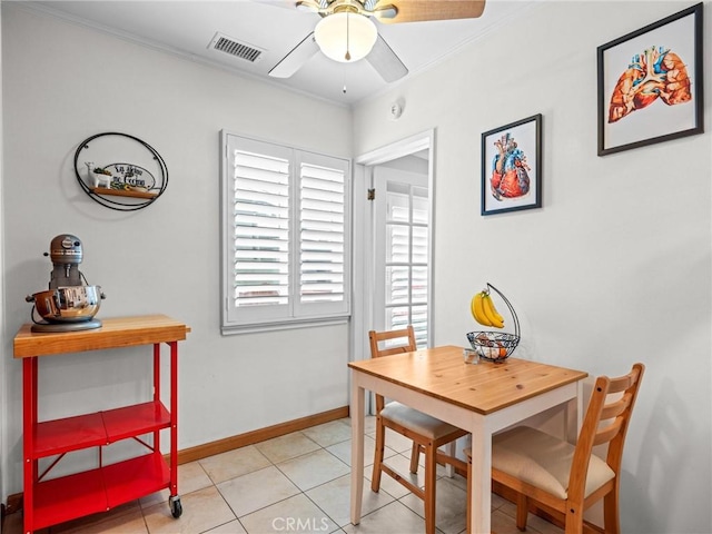 dining area with ceiling fan, visible vents, light tile patterned floors, baseboards, and ornamental molding