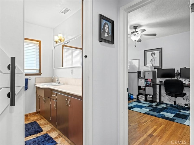 bathroom with a ceiling fan, visible vents, wood finished floors, and vanity