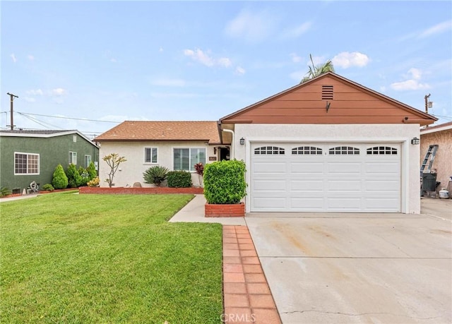 ranch-style house with an attached garage, stucco siding, concrete driveway, and a front lawn