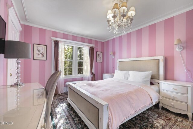 1900 Taft Ave, Los Angeles, CA 90068 - bedroom with ornamental molding, wallpapered walls, and a chandelier