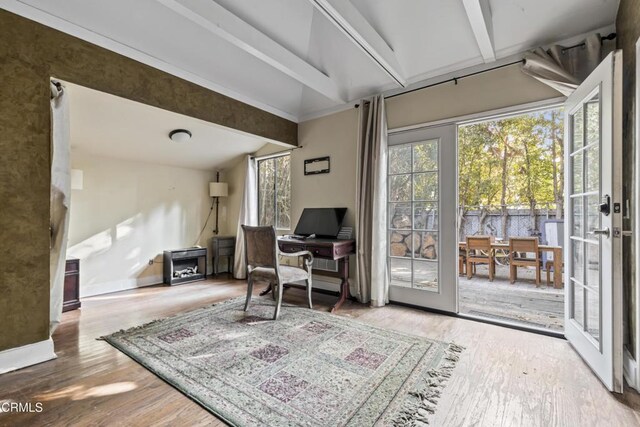 1900 Taft Ave, Los Angeles, CA 90068 - office featuring baseboards, lofted ceiling with beams, french doors, and wood finished floors