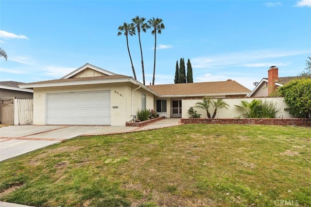 single story home with a garage, fence, a front yard, stucco siding, and concrete driveway