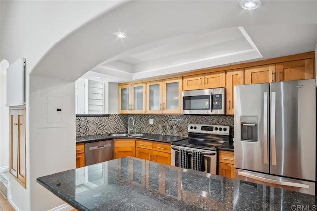 kitchen with backsplash, a sink, a raised ceiling, glass insert cabinets, and stainless steel appliances
