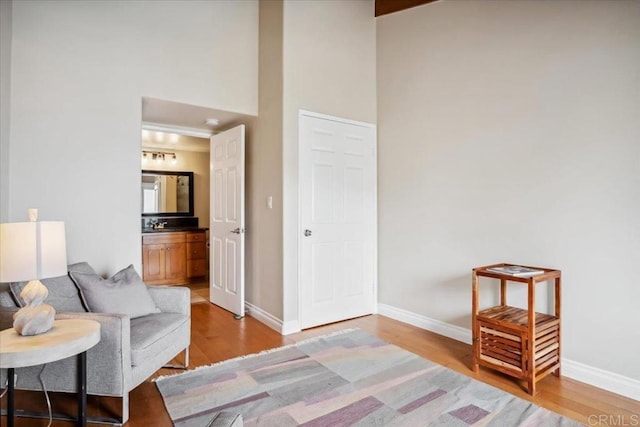 living area featuring baseboards, a towering ceiling, and wood finished floors