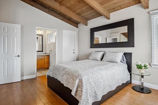 bedroom with baseboards, wooden ceiling, vaulted ceiling with beams, and hardwood / wood-style flooring