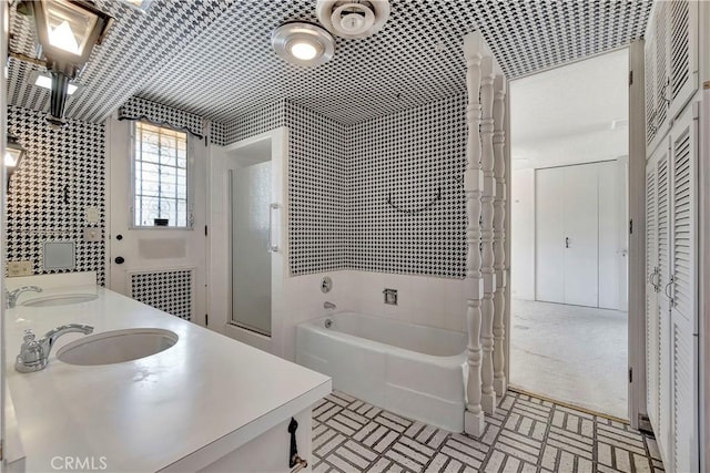 4300 Parkview Dr, Lakewood, CA 90712 - bathroom featuring a sink, a tub, walk in shower, and double vanity