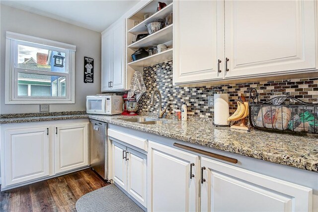 3871 San Mateo Ave, Riverside, CA 92504 - kitchen featuring open shelves, a sink, dishwasher, decorative backsplash, and white microwave