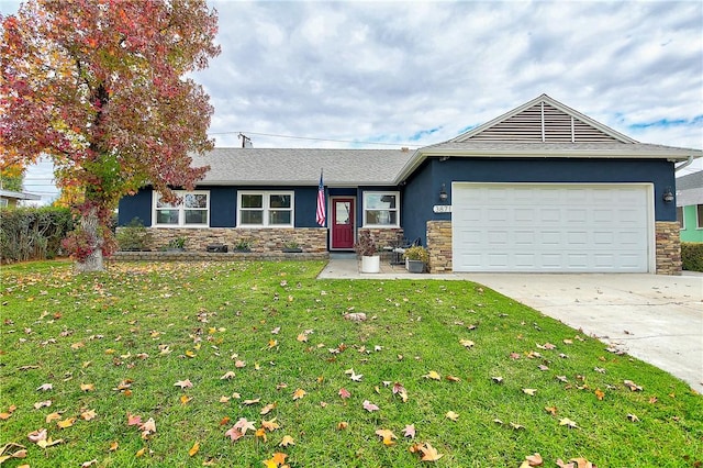 3871 San Mateo Ave, Riverside, CA 92504 - single story home featuring driveway, a front yard, a garage, stone siding, and stucco siding