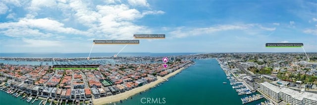 aerial view featuring a water view
