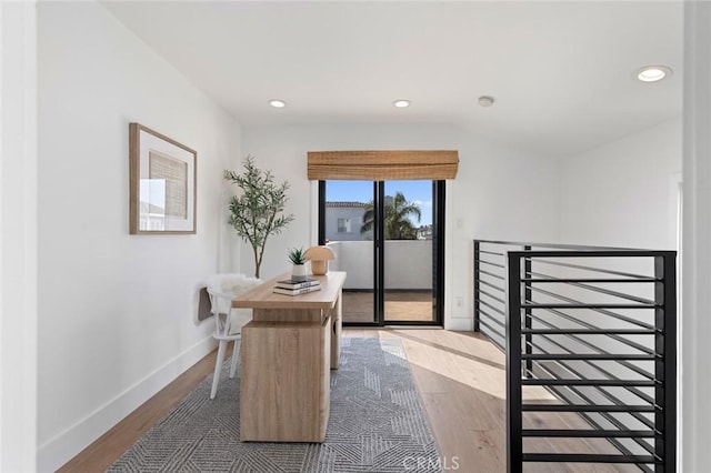 office area featuring recessed lighting, baseboards, and wood finished floors