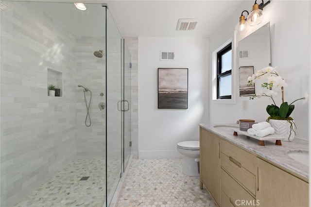 317 Via Lido Nord, Newport Beach, CA 92663 - full bath with toilet, double vanity, a shower stall, and baseboards