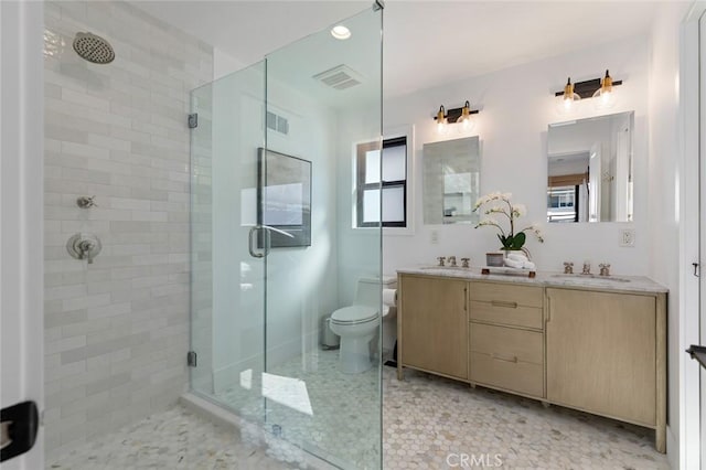317 Via Lido Nord, Newport Beach, CA 92663 - bathroom with a shower stall, double vanity, toilet, and plenty of natural light