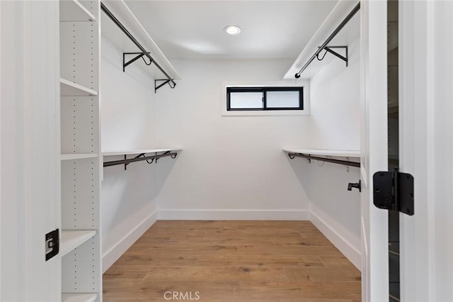 walk in closet with light wood-style floors
