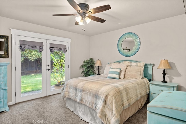 bedroom featuring access to outside, carpet, french doors, and ceiling fan