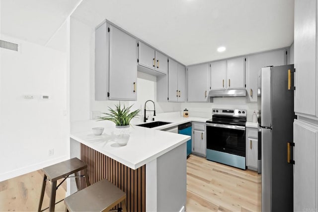 kitchen featuring appliances with stainless steel finishes, a sink, light wood-style floors, a peninsula, and under cabinet range hood