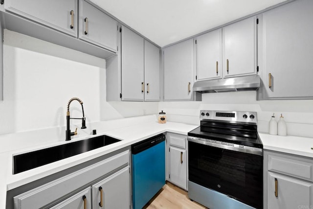 kitchen featuring stainless steel range with electric cooktop, a sink, dishwasher, light countertops, and under cabinet range hood
