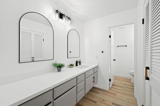 bathroom featuring vanity, toilet, baseboards, wood finished floors, and a closet
